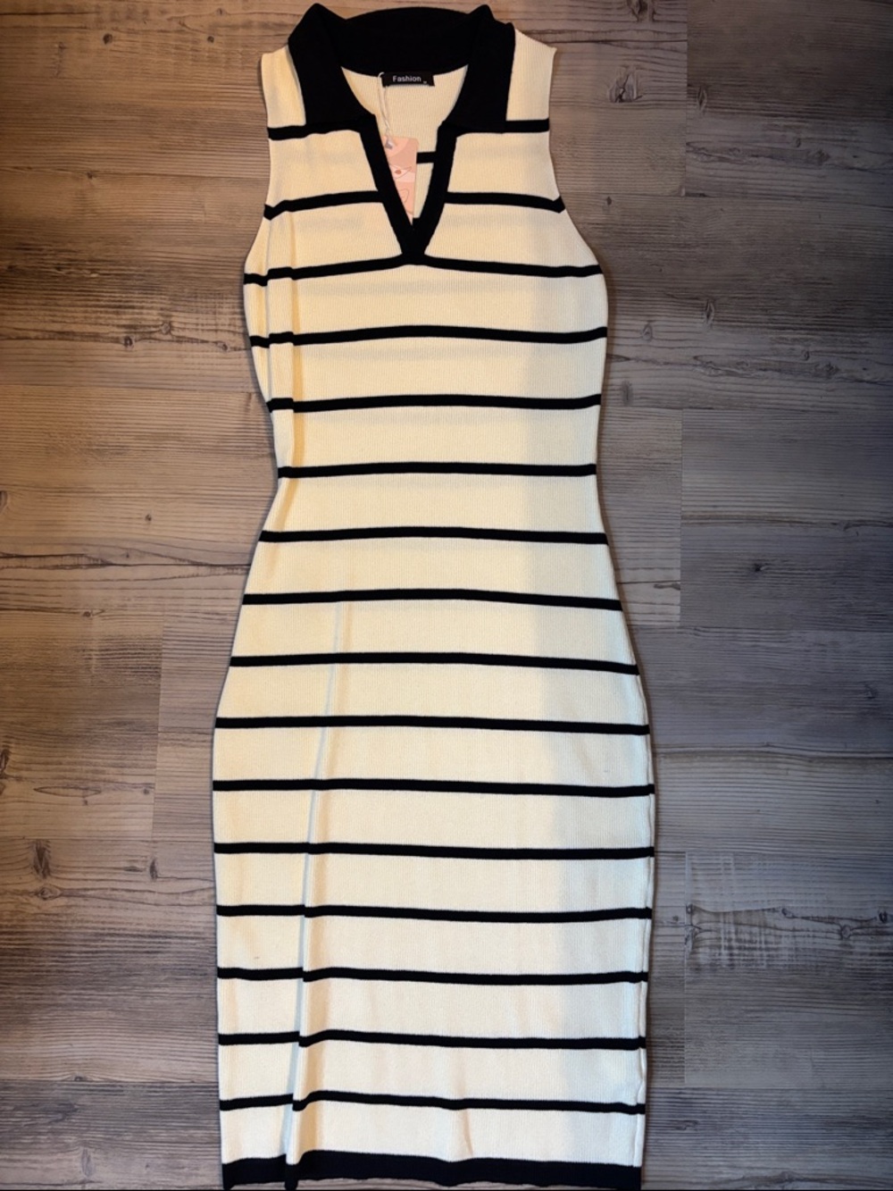 Sleeveless Cream and Black Striped Knit Dress